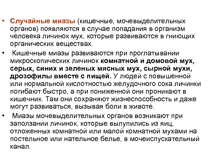 • Случайные миазы (кишечные, мочевыделительных органов) появляются в случае попадания в организм человека