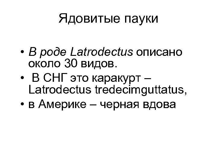 Ядовитые пауки • В роде Latrodectus описано около 30 видов. • В СНГ это