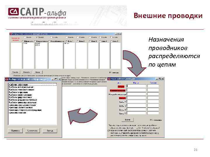 Внешние проводки Назначения проводников распределяются по цепям 21 