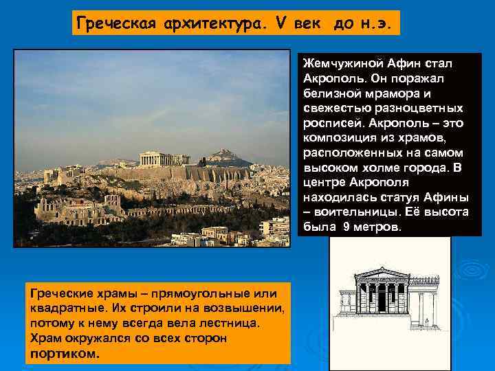 Греческая архитектура. V век до н. э. Жемчужиной Афин стал Акрополь. Он поражал белизной