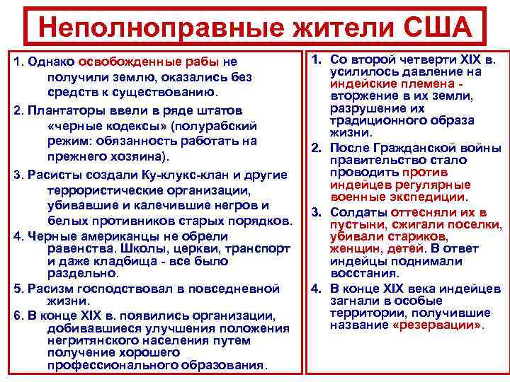 Неполноправные жители США 1. Однако освобожденные рабы не получили землю, оказались без средств к