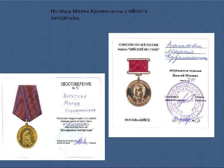 Награды Марии Кузьминичны в области литературы. 
