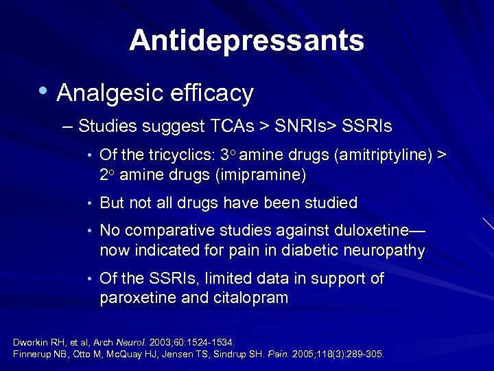 Antidepressants • Analgesic efficacy – Studies suggest TCAs > SNRIs> SSRIs • Of the