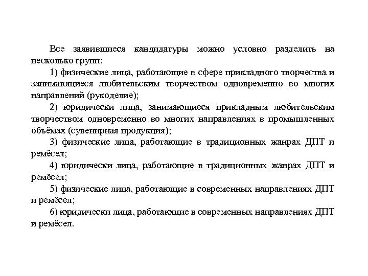Все заявившиеся кандидатуры можно условно разделить на несколько групп: 1) физические лица, работающие в