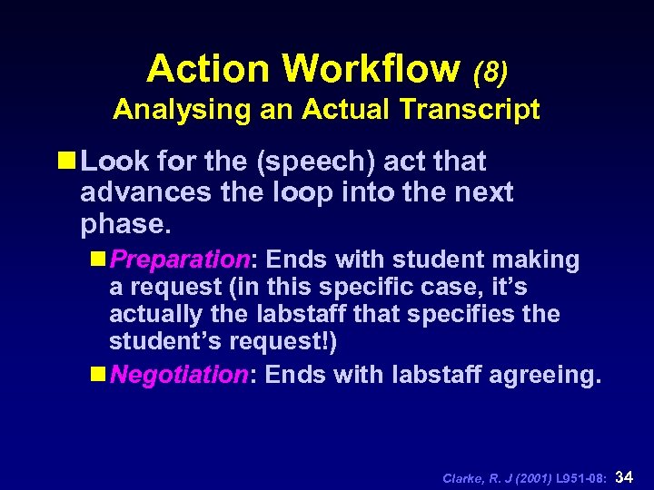 Action Workflow (8) Analysing an Actual Transcript n Look for the (speech) act that