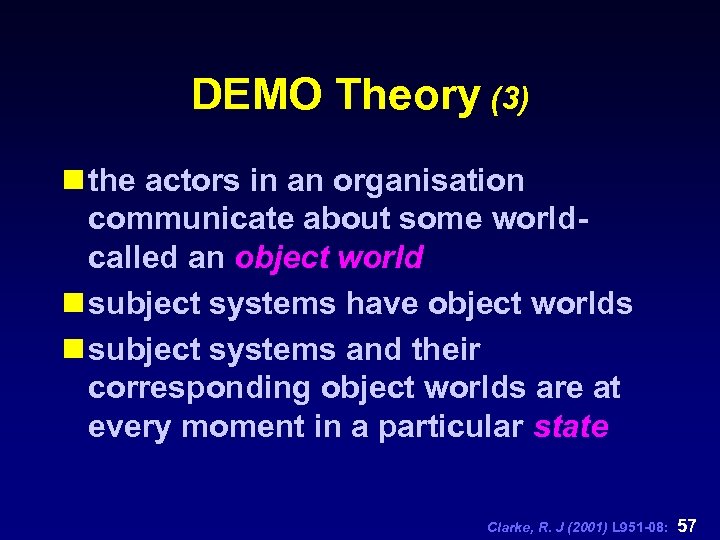 DEMO Theory (3) n the actors in an organisation communicate about some worldcalled an