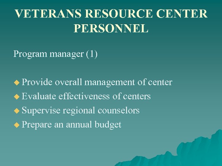 VETERANS RESOURCE CENTER PERSONNEL Program manager (1) u Provide overall management of center u
