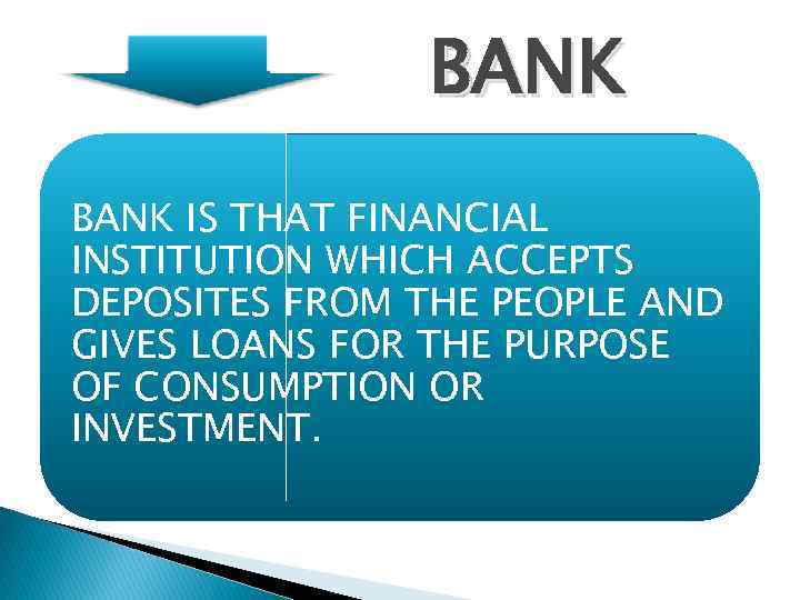 BANK IS THAT FINANCIAL INSTITUTION WHICH ACCEPTS DEPOSITES FROM THE PEOPLE AND GIVES LOANS