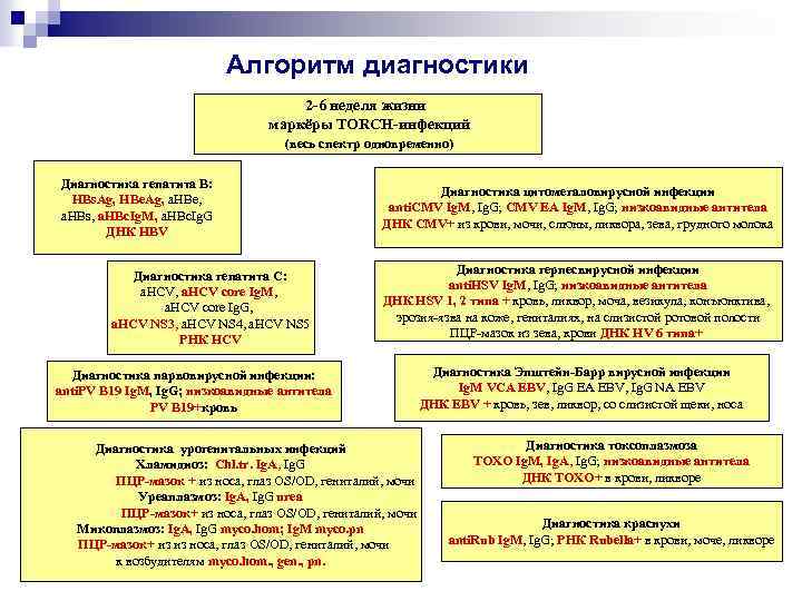 Алгоритм диагностики 2 -6 неделя жизни маркёры TORCH-инфекций (весь спектр одновременно) Диагностика гепатита В: