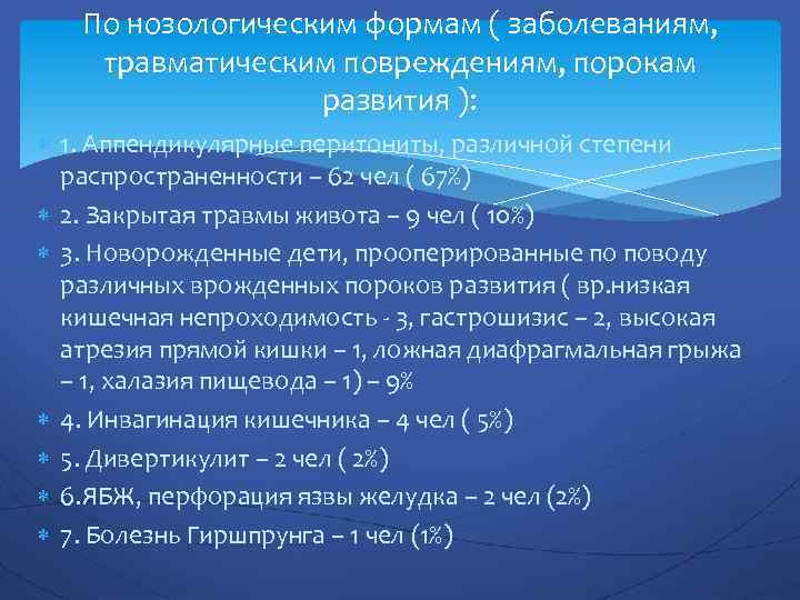 По нозологическим формам ( заболеваниям, травматическим повреждениям, порокам развития ): 1. Аппендикулярные перитониты, различной