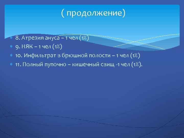 ( продолжение) 8. Атрезия ануса – 1 чел (1%) 9. НЯК – 1 чел