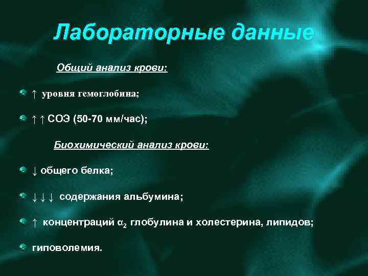 Лабораторные данные Общий анализ крови: ↑ уровня гемоглобина; ↑ ↑ СОЭ (50 70 мм/час);