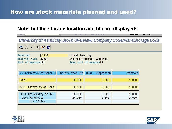 How are stock materials planned and used? Note that the storage location and bin