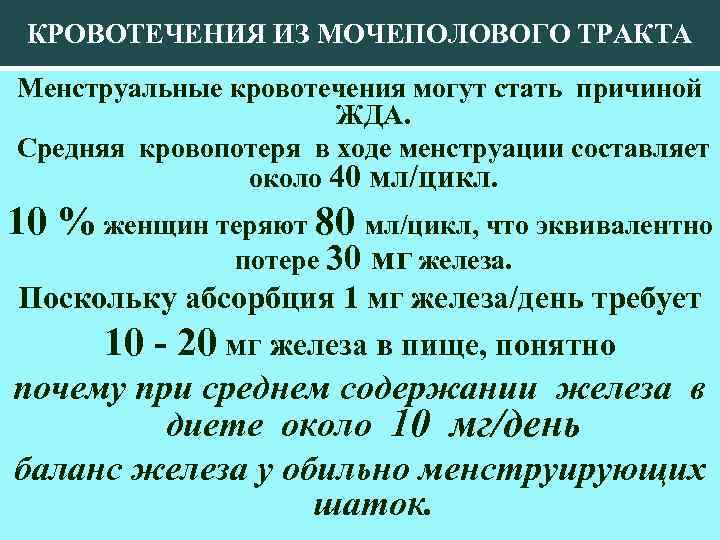 КРОВОТЕЧЕНИЯ ИЗ МОЧЕПОЛОВОГО ТРАКТА Менструальные кровотечения могут стать причиной ЖДА. Средняя кровопотеря в ходе