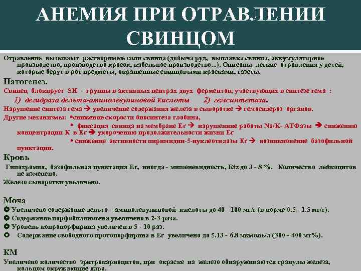АНЕМИЯ ПРИ ОТРАВЛЕНИИ СВИНЦОМ Отравление вызывают растворимые соли свинца (добыча руд, выплавка свинца, аккумуляторное