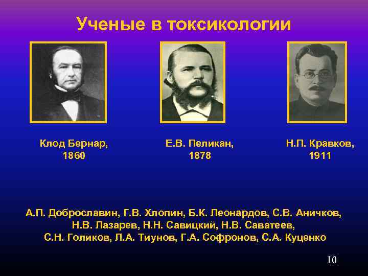 Ученые в токсикологии Клод Бернар, 1860 Е. В. Пеликан, 1878 Н. П. Кравков, 1911