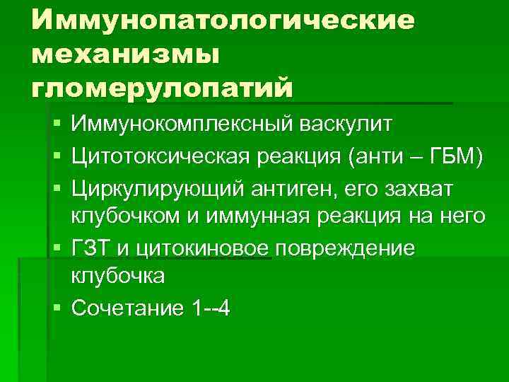 Иммунопатологические механизмы гломерулопатий § § § Иммунокомплексный васкулит Цитотоксическая реакция (анти – ГБМ) Циркулирующий