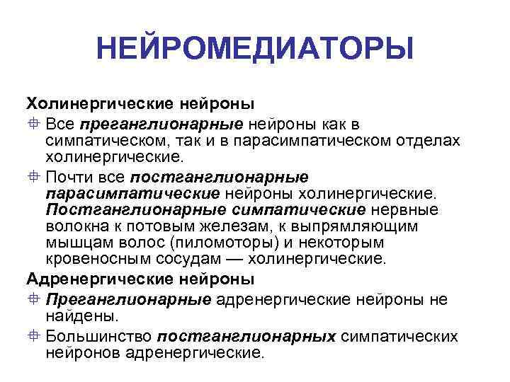 НЕЙРОМЕДИАТОРЫ Холинергические нейроны ° Все преганглионарные нейроны как в симпатическом, так и в парасимпатическом