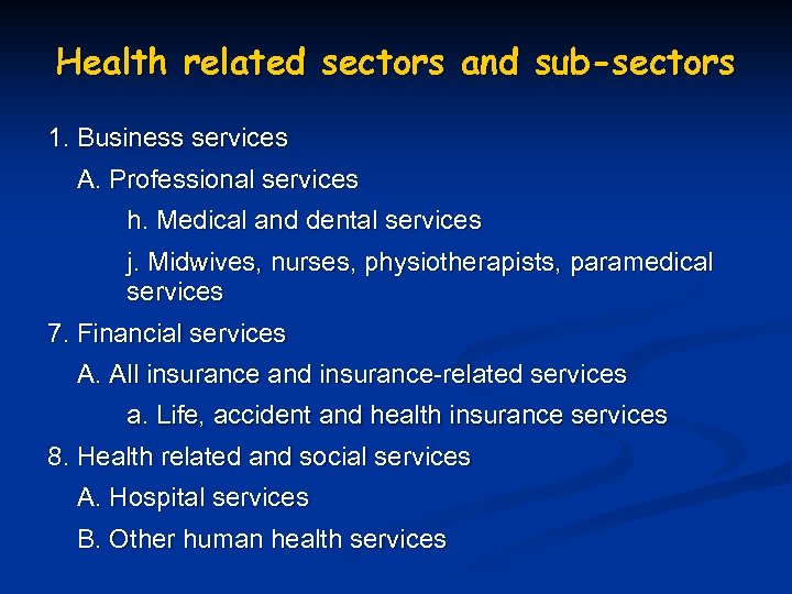 Health related sectors and sub-sectors 1. Business services A. Professional services h. Medical and