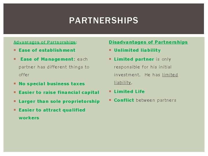 PARTNERSHIPS Advantag es o f Partnerships : Disadvantage s of Partnershi ps Ease of