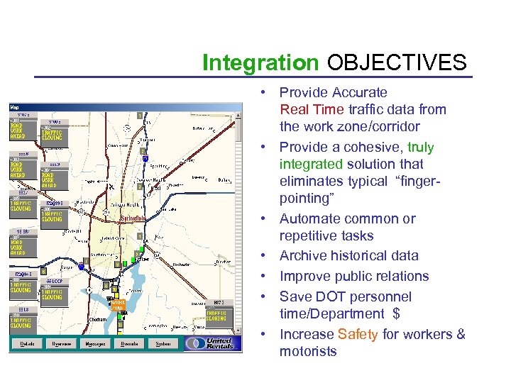 Integration OBJECTIVES • Provide Accurate Real Time traffic data from the work zone/corridor •