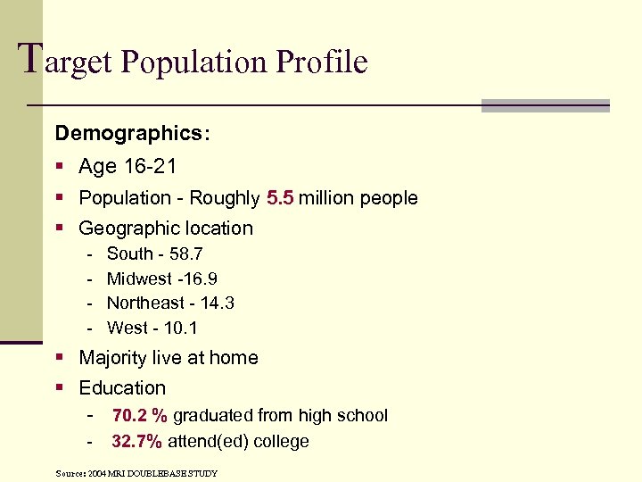 Target Population Profile Demographics: § Age 16 -21 § Population - Roughly 5. 5