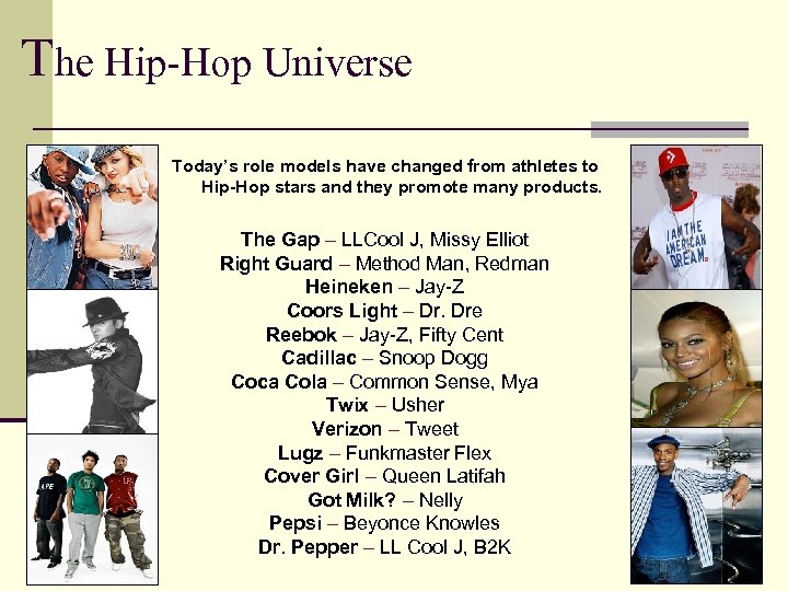 The Hip-Hop Universe Today’s role models have changed from athletes to Hip-Hop stars and