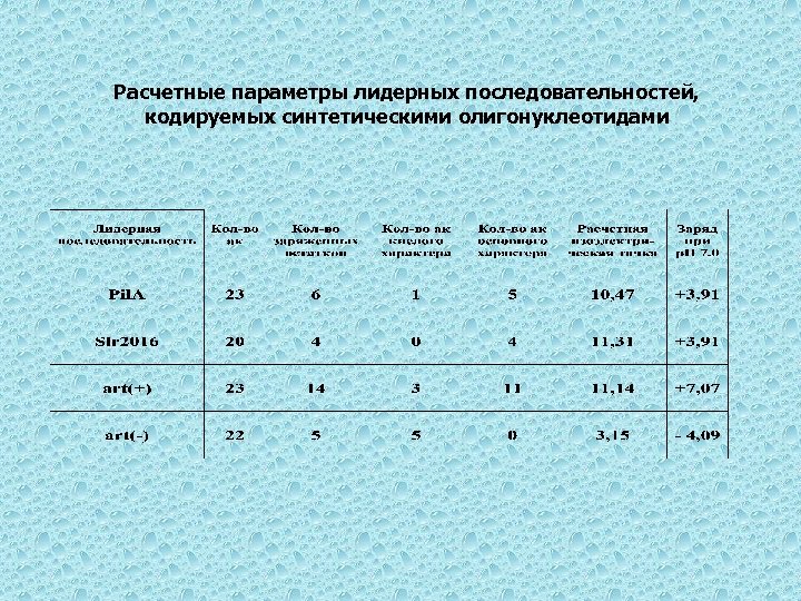 Расчетные параметры лидерных последовательностей, кодируемых синтетическими олигонуклеотидами 