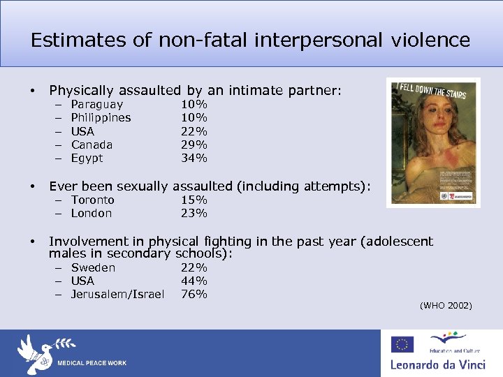 Estimates of non-fatal interpersonal violence • Physically assaulted by an intimate partner: – –