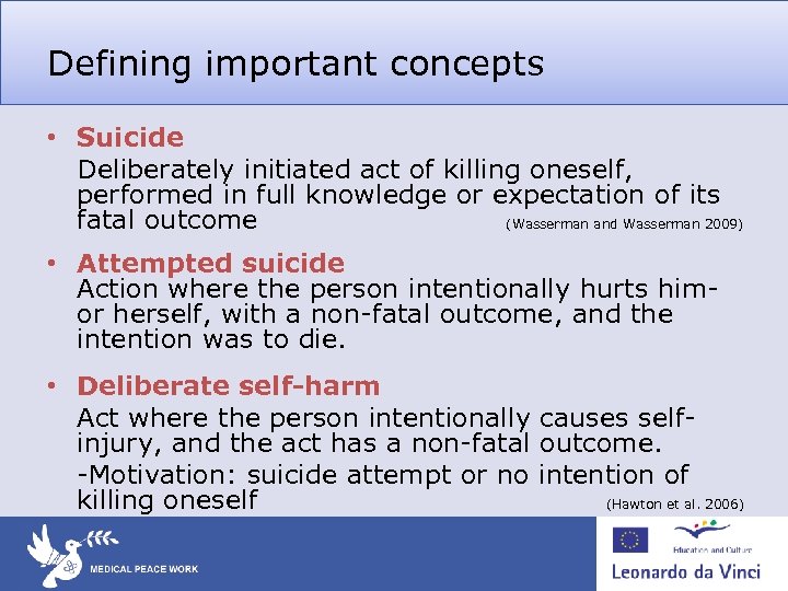 Defining important concepts • Suicide Deliberately initiated act of killing oneself, performed in full
