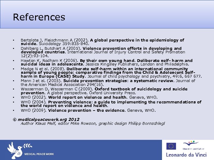 References • • • Bertolote J, Fleischmann A (2002). A global perspective in the