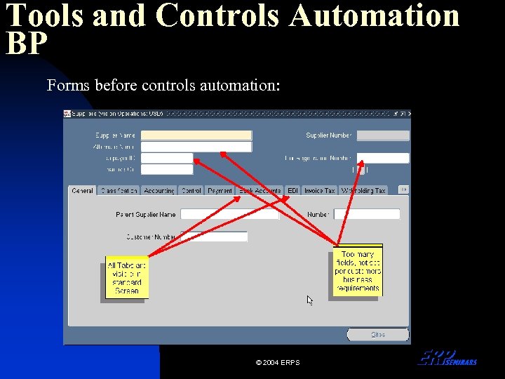 Tools and Controls Automation BP Forms before controls automation: © 2004 ERPS 