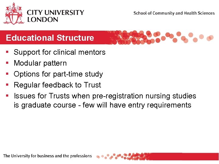 Educational Structure § § § Support for clinical mentors Modular pattern Options for part-time
