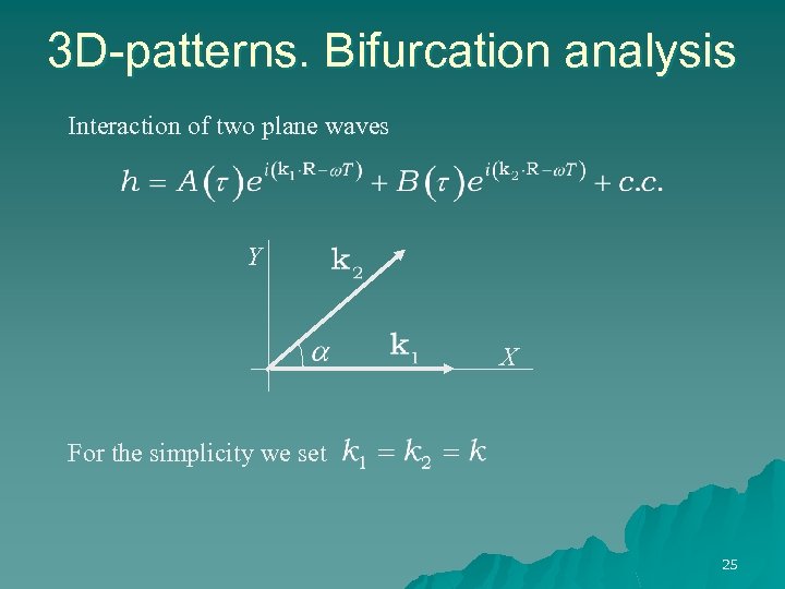 3 D-patterns. Bifurcation analysis Interaction of two plane waves Y X For the simplicity