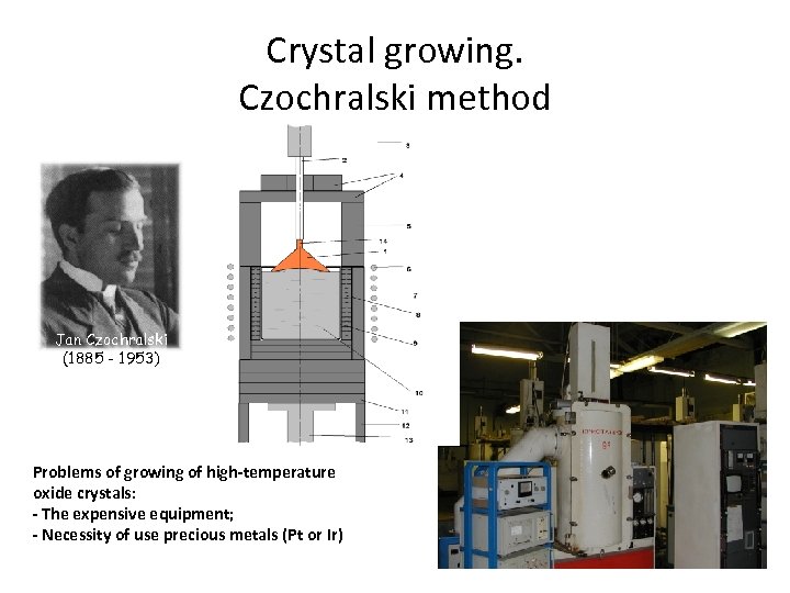 Crystal growing. Czochralski method Jan Czochralski (1885 - 1953) Problems of growing of high-temperature