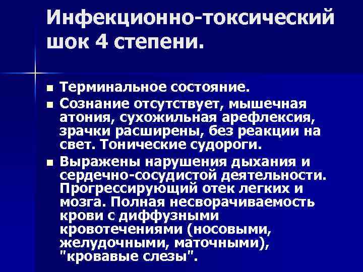 Инфекционно токсический шок 4 степени. n n n Терминальное состояние. Сознание отсутствует, мышечная атония,