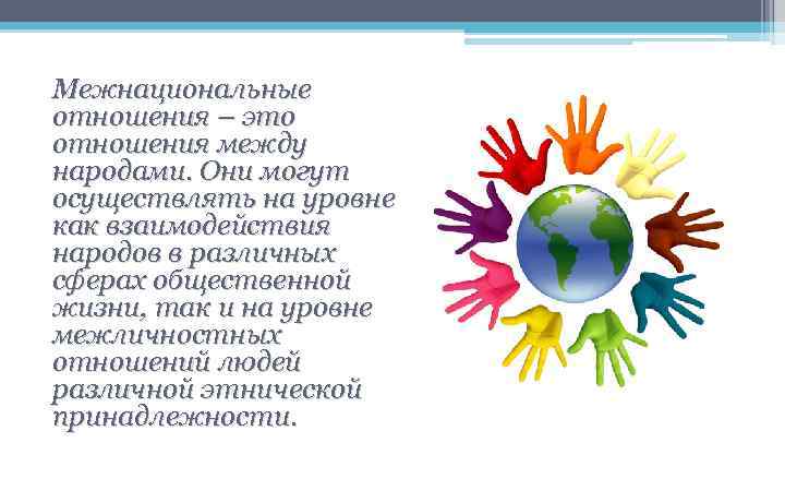 Межнациональные отношения – это отношения между народами. Они могут осуществлять на уровне как взаимодействия