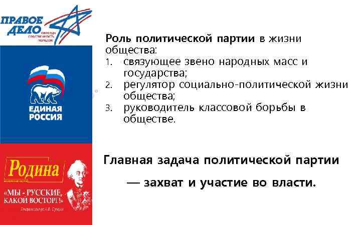 Роль политической партии в жизни общества: 1. связующее звено народных масс и государства; 2.