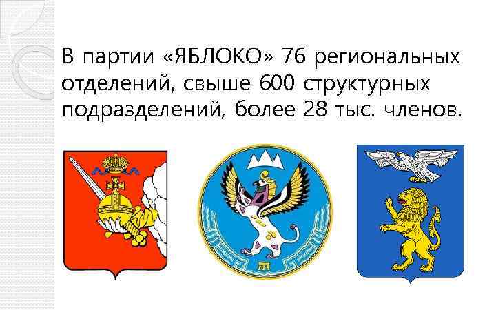 В партии «ЯБЛОКО» 76 региональных отделений, свыше 600 структурных подразделений, более 28 тыс. членов.