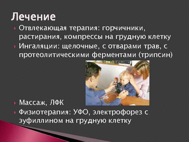 Лечение Отвлекающая терапия: горчичники, растирания, компрессы на грудную клетку Ингаляции: щелочные, с отварами трав,