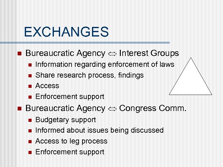 EXCHANGES n Bureaucratic Agency Interest Groups n n n Information regarding enforcement of laws