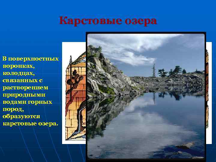 Карстовые озера В поверхностных воронках, колодцах, связанных с растворением природными водами горных пород, образуются