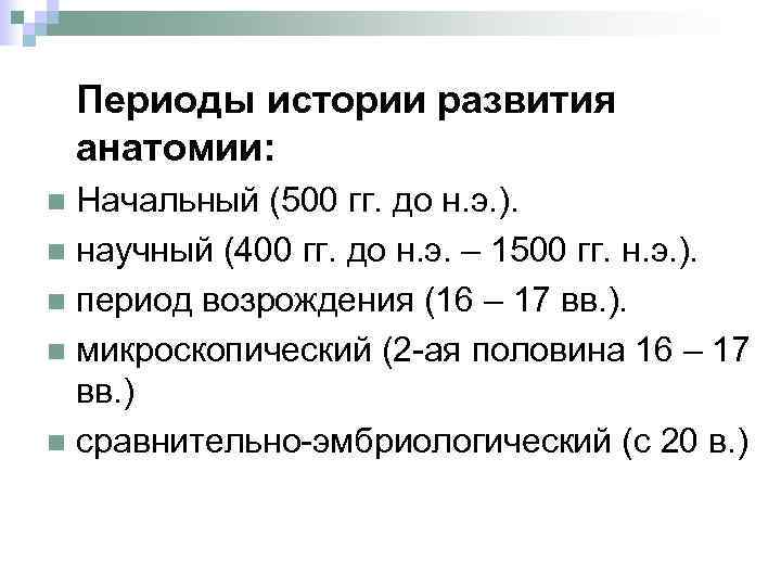 Периоды истории развития анатомии: Начальный (500 гг. до н. э. ). n научный (400