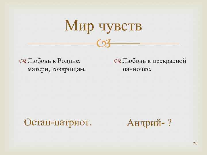 Мир чувств Любовь к Родине, матери, товарищам. Остап-патриот. Любовь к прекрасной панночке. Андрий- ?