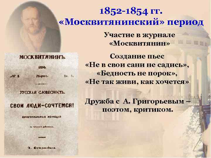 1852 -1854 гг. «Москвитянинский» период Участие в журнале «Москвитянин» Создание пьес «Не в свои