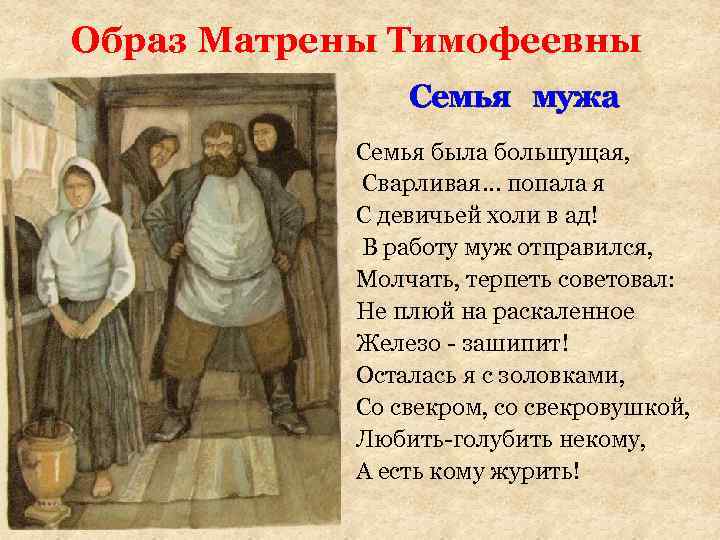 Образ Матрены Тимофеевны Семья мужа Семья была большущая, Сварливая. . . попала я С