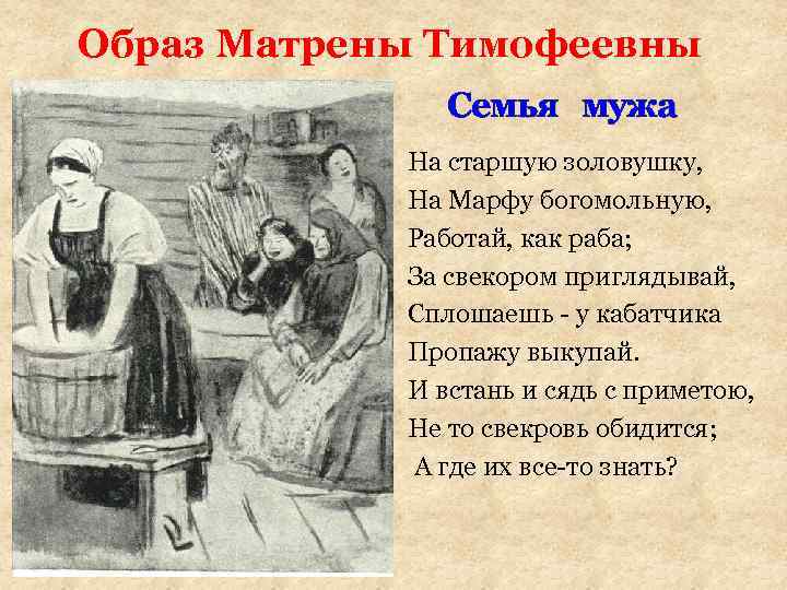 Образ Матрены Тимофеевны Семья мужа На старшую золовушку, На Марфу богомольную, Работай, как раба;