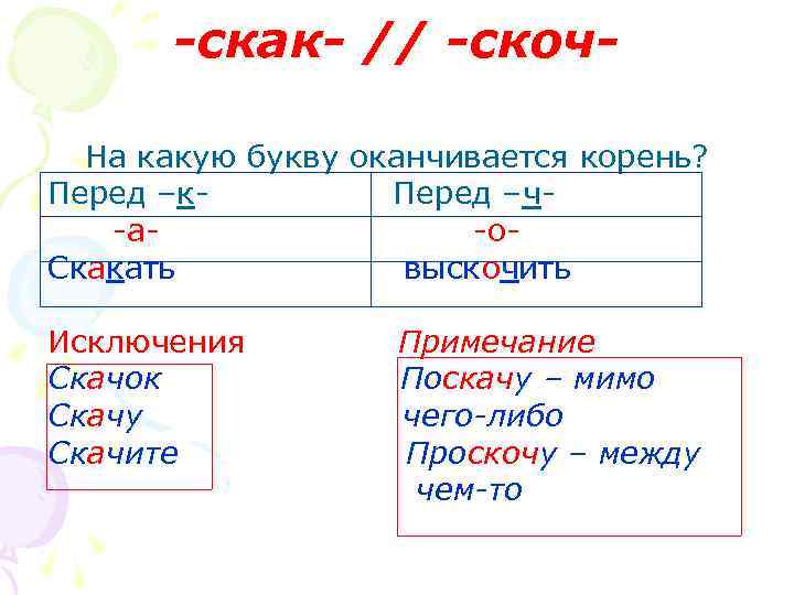 -скак- // -скоч. На какую букву оканчивается корень? Перед –к. Перед –ч-а-о. Скакать выскочить