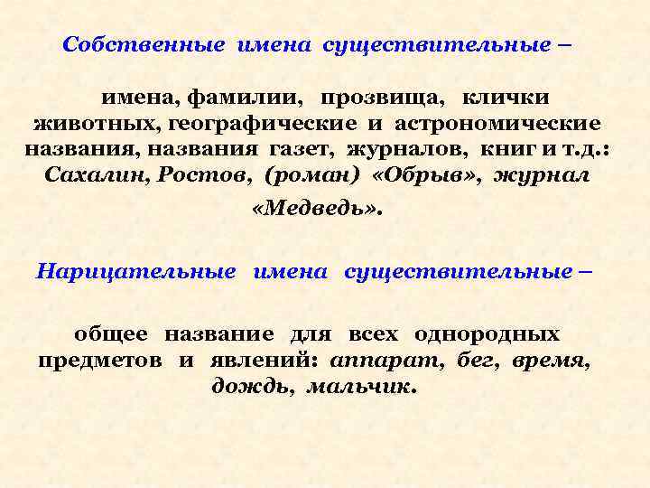 Собственные имена существительные – имена, фамилии, прозвища, клички животных, географические и астрономические названия, названия