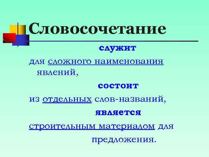Словосочетание служит для сложного наименования явлений, состоит из отдельных слов-названий, является строительным материалом для